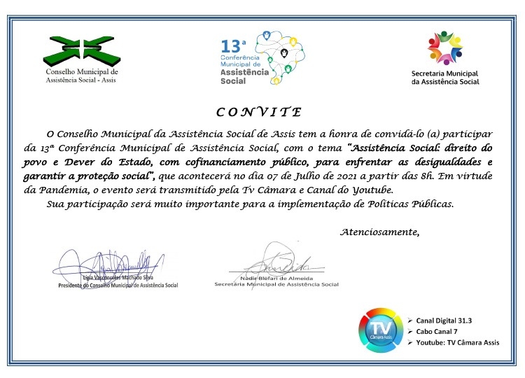 13ª Conferência de Assistência Social acontece, dia 7, de julho, na Câmara Municipal 