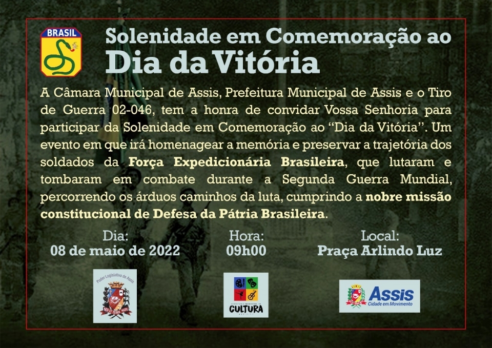 DIA DA VITÓRIA: Assis comemora data com ato solene na Praça Arlindo Luz, no dia 08 de maio