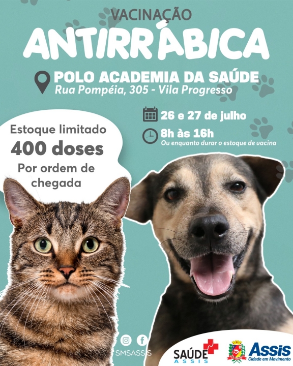 SAÚDE EM MOVIMENTO: Nos próximos dias 26 e 27 tem vacinação antirrábica no Polo Academia da Saúde. Leve seu pet em segurança