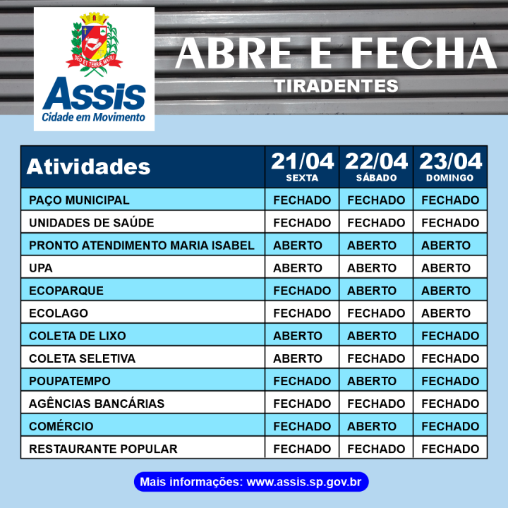 Feriado de Tiradentes em Assis: saiba o que abre e o que fecha