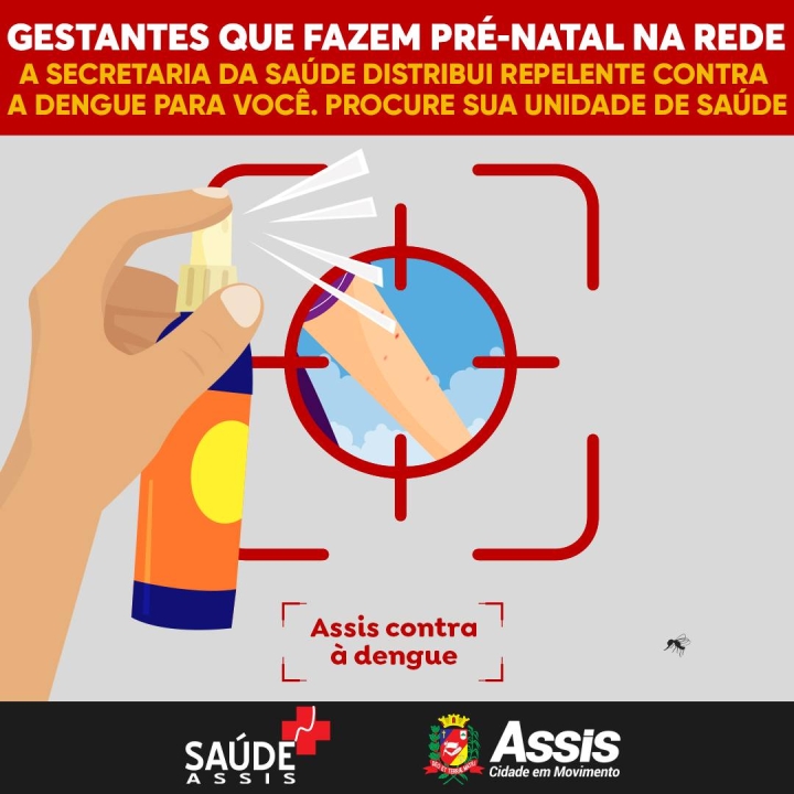 SAÚDE EM MOVIMENTO: gestantes do município que fazem seu pré-natal na rede pública pode procurar sua unidade de saúde e solicitar repelente. Proteja-s