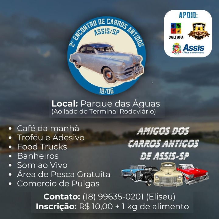 Encontro de carros antigos será realizado no Parque das Águas neste domingo, dia 19
