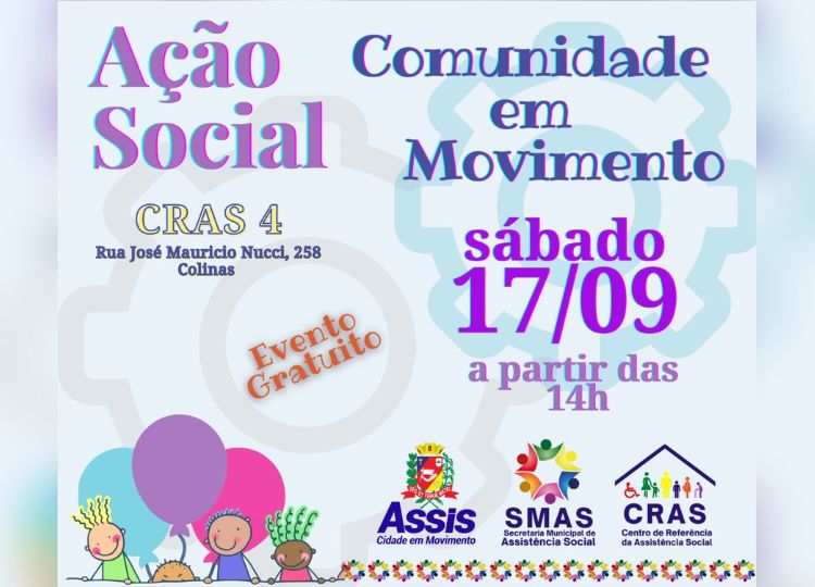 Ação Social - ‘COMUNIDADE EM MOVIMENTO’ será realizada neste sábado, 17, no CRAS 4 - Colinas