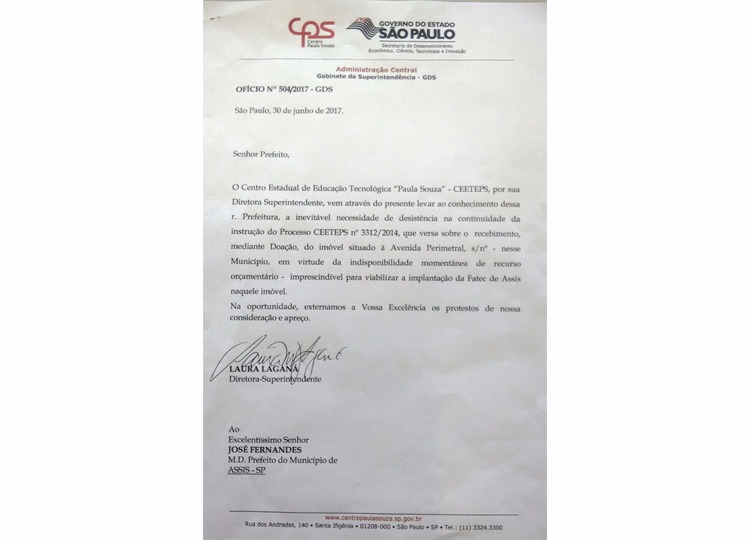 Confira o documento endereçado ao prefeito José Fernandes informando a desistência da doação feita ao Governo do Estado para construção do prédio da FATEC em Assis