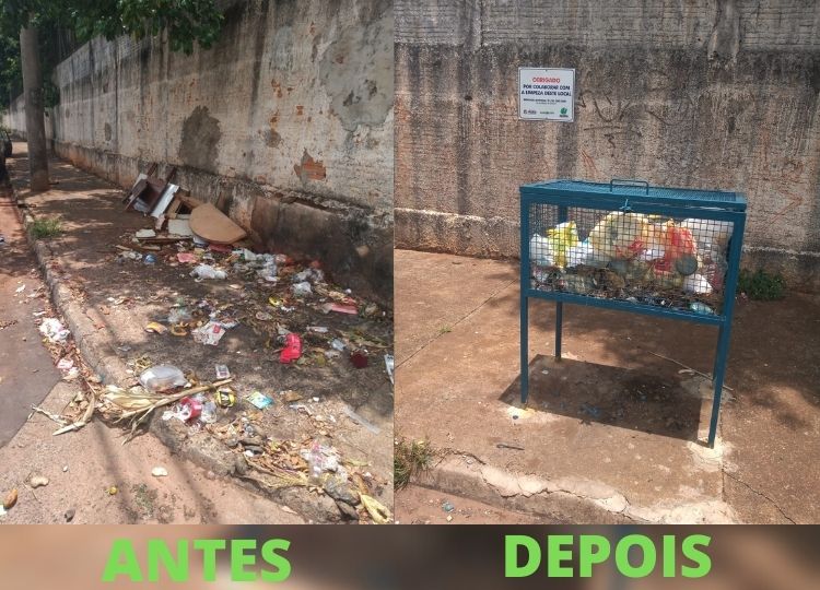 MEIO AMBIENTE EM MOVIMENTO: Lixeira comunitária instalada em parceria com a Escola Estadual José Augusto Ribeiro muda cenário no Bairro 