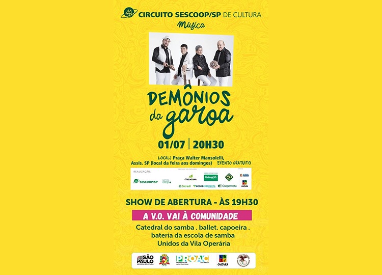 Circuito SESCOOP de Cultura traz para Assis show Demônios da Garoa nesta segunda-feira, 1º