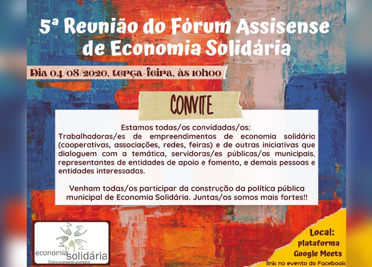 5ª reunião do Fórum Assisense de Economia Solidária será online e acontece no dia 4 de agosto