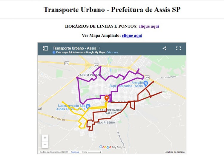 Transporte Público de Assis conta com mapa das rotas, contendo horários das linhas e pontos de ônibus