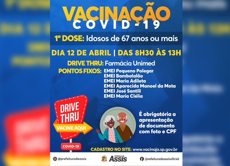 Covid-19: 1ª dose da vacina é destinada aos idosos de 67 anos ou mais na segunda-feira, 12
