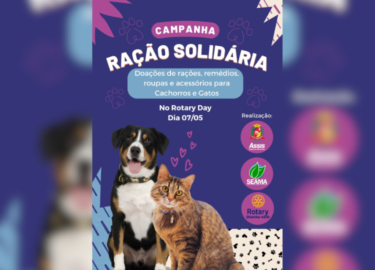 Prefeitura receberá doações de rações para cães e gatos, remédios, roupas e acessórios durante o ROTARY DAY