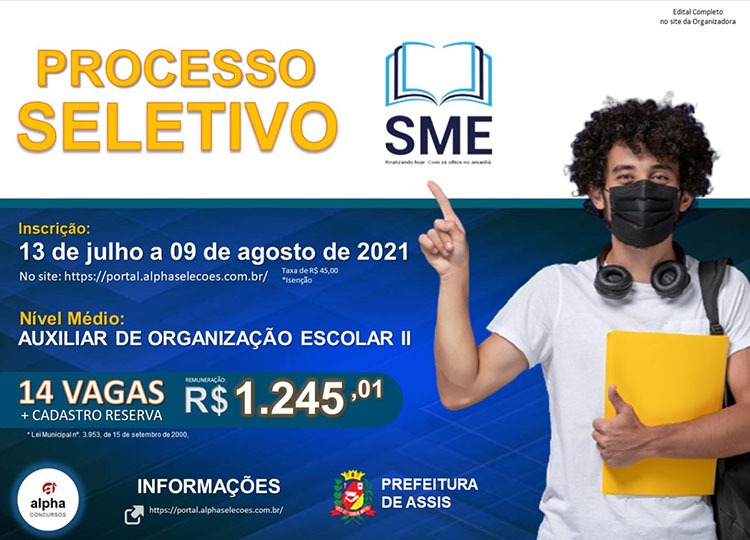 Inscrições do Processo Seletivo para Auxiliar de Organização Escolar II seguem até o dia 9 de agosto 
