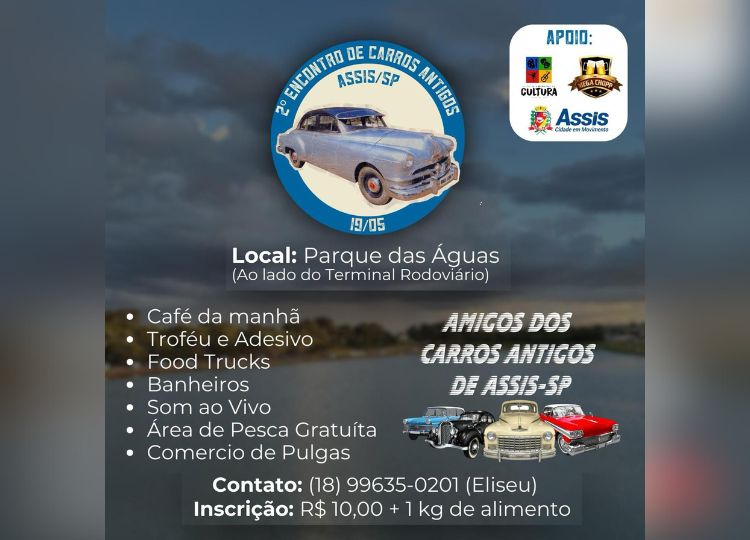 Encontro de carros antigos será realizado no Parque das Águas neste domingo, dia 19