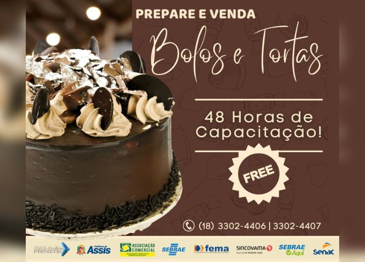 Sebrae Aqui de Assis oferece curso de preparo e venda de bolos e tortas em parceria com o SENAC
